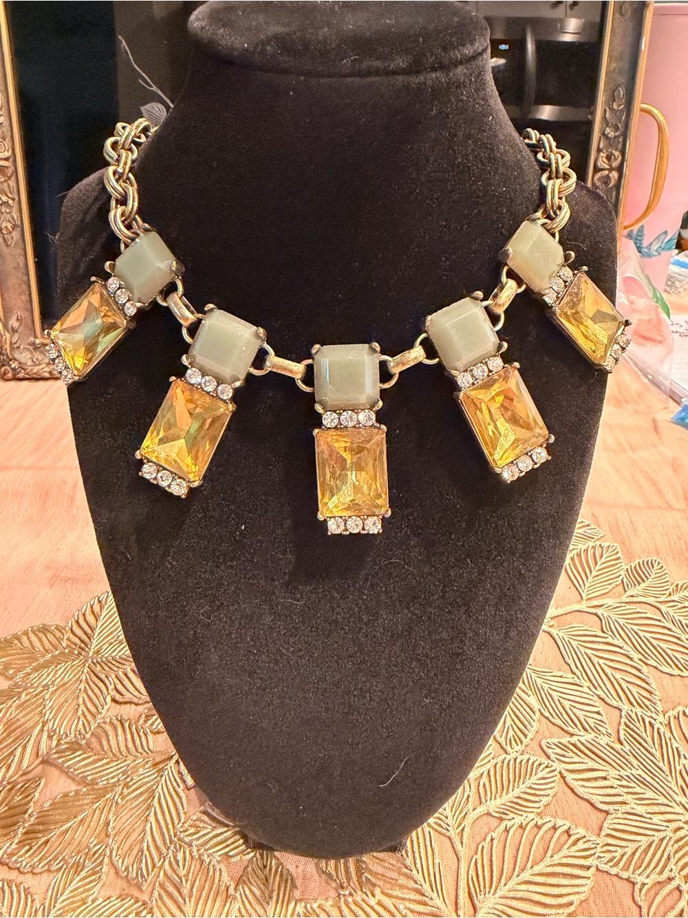 Gold-Tone Statement Necklace with Yellow and Pale Green Stones